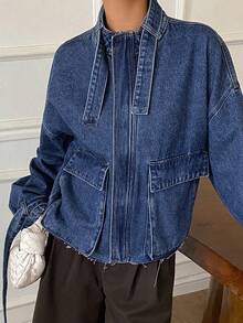 Livesso 女士休闲时尚街头宽松落肩拉链牛仔夹克，带翻盖口袋，秋季 - 藍色 - 查看 4
