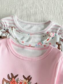 SHEIN 6件套女童可爱兔子和花卉全身印花柔软舒适圆领长袖上衣和紧身裤睡衣套装