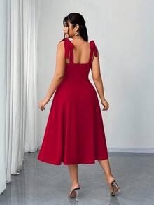 Elenzga Plus Size Women's V-Neck Ruched Waist Slit Elegant Romantic Red Party Dress, Spring/Autumn - Red - View 2