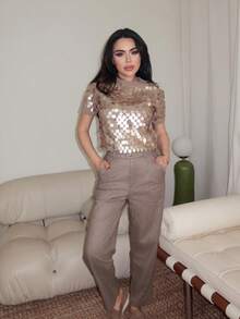 Durrani Popal FASHIONABLE VERSATILE SEQUIN EMBELLISHED SHORT SLEEVE PULLOVER KNIT SWEATER KNIT PULLOVER FALL WINTER