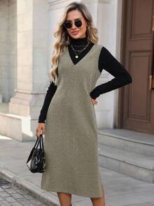 SHEIN LUNE Women's Casual Solid Color Woolen Sleeveless V-Neck Split Midi Dress, Basic Outfit For Autumn/Winter Daily Wear,Casual - Brown - View 5