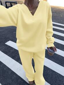 SHEIN EZwear 2 件套女士超大 V 领蓬松羊毛弹力宽松运动衫和运动裤套装，秋冬 - 鵝黃色 - 查看 6