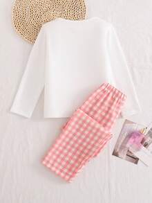 SHEIN 2件套女童卡通小狗蝴蝶结印花针织长袖上衣和裤子睡衣套装 - 白色 - 查看 2