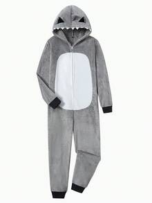 男士鲨鱼毛绒连帽连体睡衣，冬季款