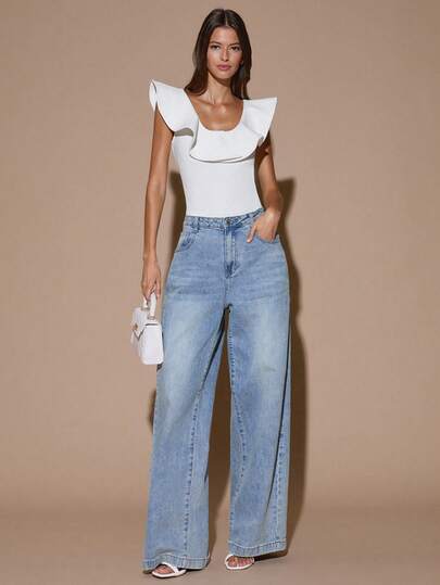 SHEIN BAE Vit volangkragebody, sexig minimalistisk enfärgad, söt och söt Y2K-stil, lämplig för fest, cocktail, formellt tillfälle, brudtärna, födelsedag, jul, affärsmässig vardag