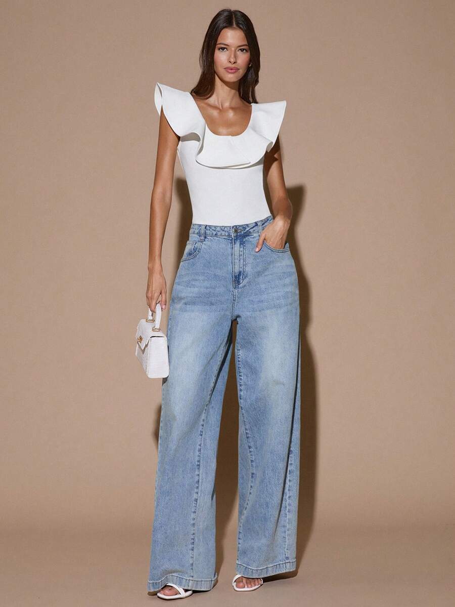 SHEIN BAE White Ruffled Collar Bodysuit, Sexy Minimalist Solid Color, Sweet Cute Y2K Style, Suitable For Party, Cocktail, Formal Occasion, Bridesmaid, Birthday, Christmas, Business Casual - White - View 1