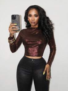 BamGleam Women's Fashion Stand Collar Fitted Cropped T-Shirt - Coffee Brown - View 5