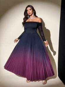 Viva Relle Plus Size Women's Elegant Romantic Party Gathering Elastic Fitted Waist Flared Ombre Pleated Dress, Spring/Autumn - Multicolor - View 3