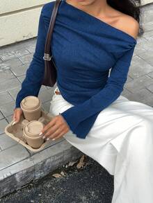 Siren Gaze 女士时尚不对称牛仔通勤衬衫 - 中等水洗藍 - 查看 4