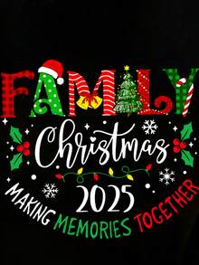 Manfinity Dauomo 家庭圣诞节 2025 节日图案 T 恤 - 休闲圆领，涤纶针织面料，常规版型，四季皆宜，2025 年圣诞节家庭衬衫，匹配的回忆设计 - 黑色 - 查看 3