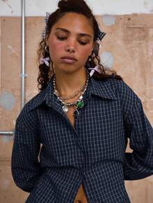 COUREZ Long Sleeve Cinched Check Shirt With Back Tie /Y2K Going Out Women Cute Spring Going Out Tops - Blue - View 7