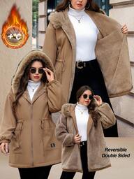 SHEIN Clasi Parka à capuche doublée de fourrure de lapin, style décontracté, grande taille