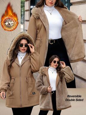 SHEIN Clasi Parka à capuche doublée de fourrure de lapin, style décontracté, grande taille