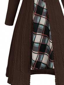 Vestido de talla grande para mujer, estilo vintage, de parches a cuadros, con hebilla delantera, 2 en 1, para primavera/otoño - Marrón - Ver 4