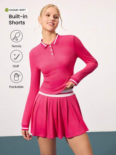 CourtClass Women's Contrast Stripe Print Long Sleeve Top And Pleated Skirt Sports Suit Golf Tops For Women Tennis Dress Long Sleeve
