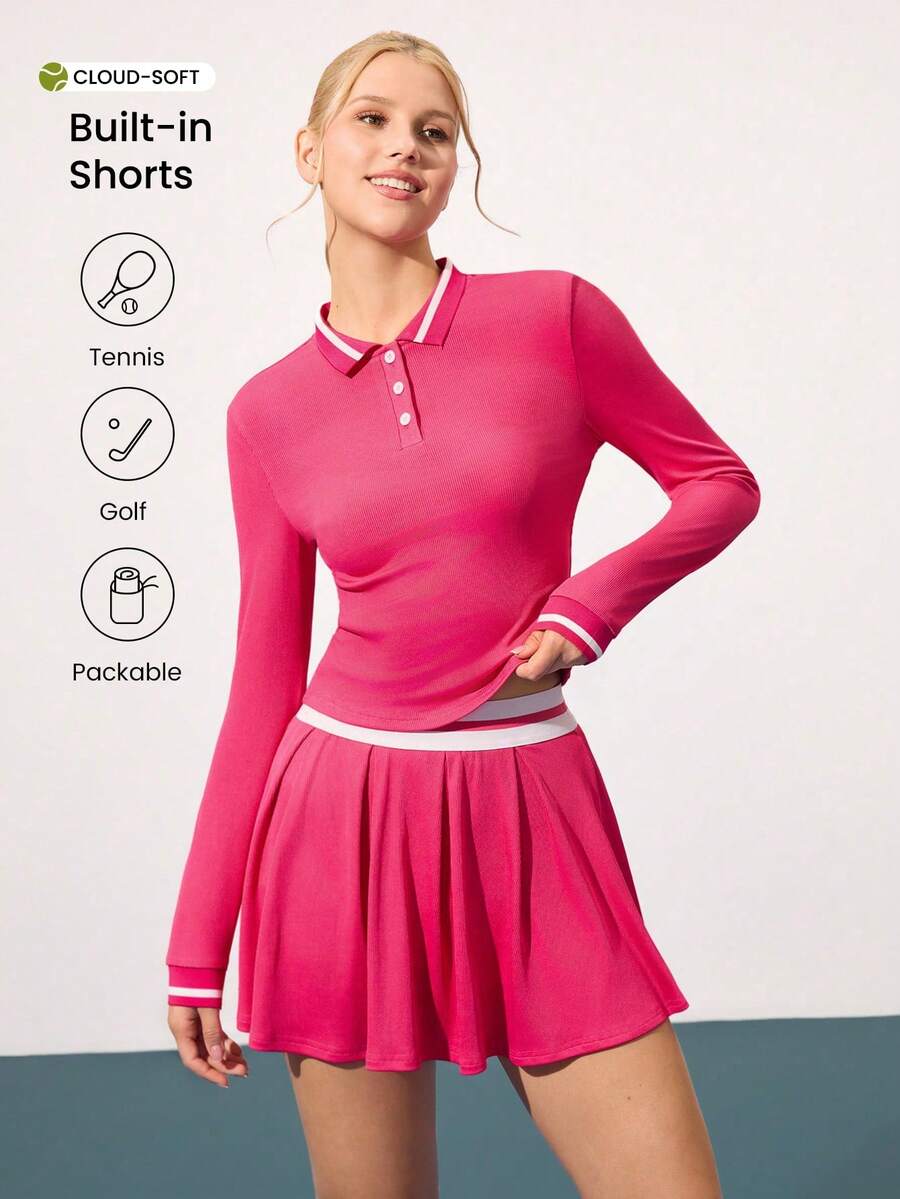 CourtClass Women's Contrast Stripe Print Long Sleeve Top And Pleated Skirt Sports Suit Golf Tops For Women Tennis Dress Long Sleeve - Hot Pink - View 1