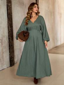 Roveilla Plus Size Women's Elegant French Style Luxury Minimalist High-End Casual, Party, Work, Vacation Comfortable Solid Color Crinkle Fabric V-Neck Cinched Waist A-Line Long Sleeve Maxi Dress Lantern Sleeve Dress Thanksgiving Plus Size Plus Size Christmas Linen Maxi Dress Sage Dress Green Maxi Dress Women Teal Maxi Long Sleeve Dress Long Casual Dress Long Sleeve Summer Dresses - Army Green - View 4