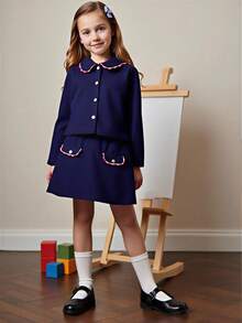 PrepCrw 2 件套青少年女孩优雅都市学院风休闲白色镶边领海军蓝长袖上衣和裙子套装，适合休闲外出、聚会、节日、派对、秋冬季