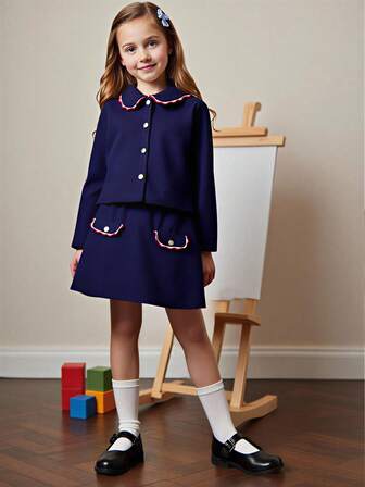 PrepCrw 2 件套青少年女孩优雅都市学院风休闲白色镶边领海军蓝长袖上衣和裙子套装，适合休闲外出、聚会、节日、派对、秋冬季