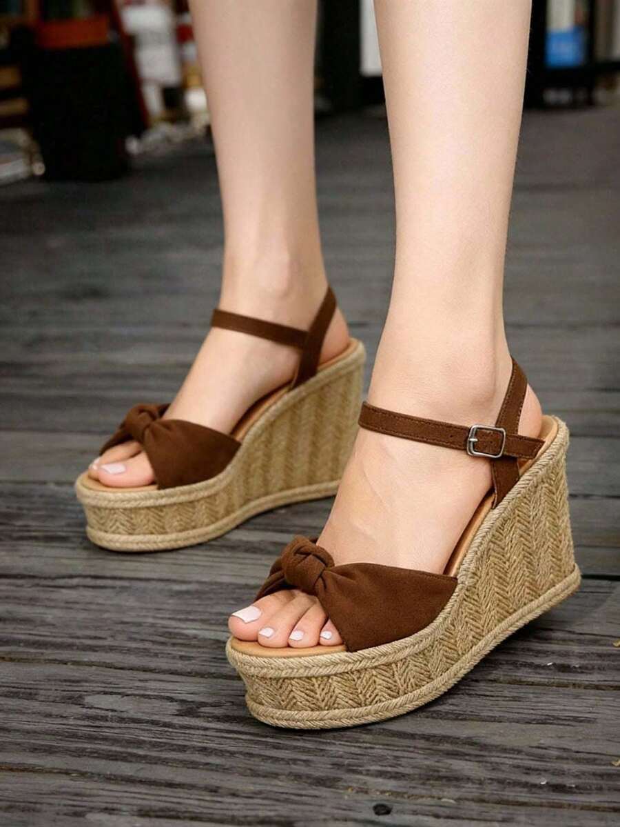 Sandalias con plataforma para mujer estilo vacacional casual decoración de moño tejido de yute sin estampado corte holgado punta redonda sin mangas primavera verano playa fiesta - Marrón - Ver 1