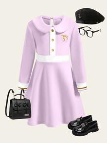 SHEIN 1pc Girls' Casual Collared Embroidered Colorblock Knit Dress - Purple - View 3