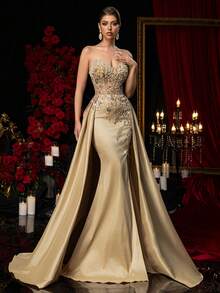 Glamrae Elegant Luxurious Beaded & Sequin Floral Sexy Strapless Mermaid Maxi Dress With High Slit, Suitable For Weddings, Events, Parties, Vacations, Galas (Heavy Embellishment) Gown