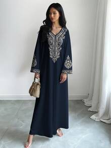 SHEIN Najma 大码女式佩斯利花卉数码印花 V 领长袖优雅阿拉伯风格长裙，春秋季 - 彩色 - 查看 3