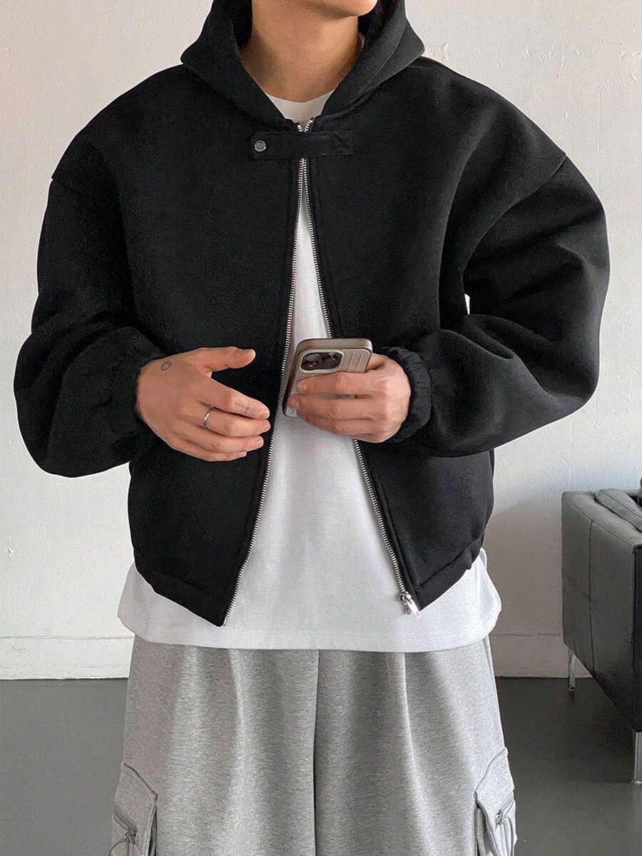 DAZY 男士厚款短款连帽卫衣，纽扣门襟设计，黑色，秋冬 - 黑色 - 查看 1