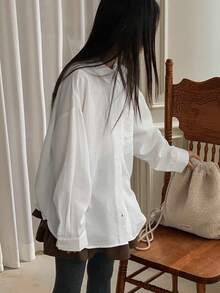 DAZY 少女款梭织翻领长袖衬衫，镂空蝴蝶结装饰，秋季款 - 白色 - 查看 5
