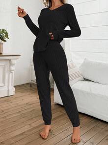 SHEIN 女士罗纹抓绒V领休闲家居服套装，长袖上衣和长裤，适合作为睡衣或外套穿着，舒适的冬季服装 - 黑色 - 查看 3