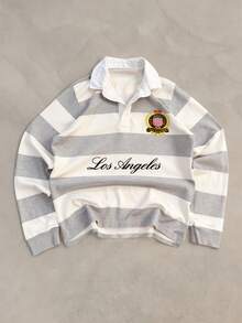 Manfinity Sporsity Men's Printed & Striped Patchwork Ruby Style Button Collar Long Sleeve Casual Polo Shirt Christmas Men Shirt Christmas Gifts Long Sleeve Men Shirt Winter Men Clothes