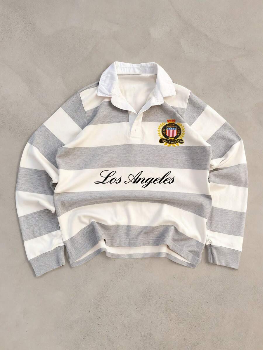 Manfinity Sporsity Men's Printed & Striped Patchwork Ruby Style Button Collar Long Sleeve Casual Polo Shirt Christmas Men Shirt Christmas Gifts Long Sleeve Men Shirt Winter Men Clothes