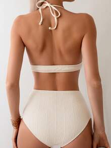 SHEIN Swim Summer Beach Ladies' Solid Color Textured Halter Neck Two Pieces Bikini Set Wedding - Beige - View 8