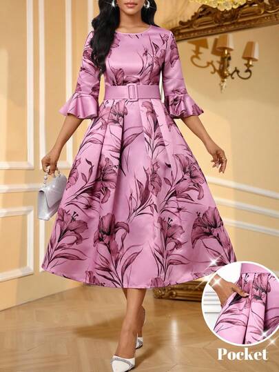 SHEIN Lady Vestido feminino elegante com estampa floral e mangas com babados, outono