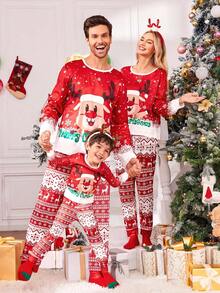 SHEIN 2pcs Men's Red & White Christmas Reindeer Fairisle Pajama Set, Comfortable Homewear Suit, Family Matching, Fall Winter Clothes Family Christmas Matching Pajamas Set - Red and White - View 7