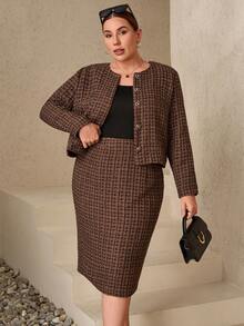 Chikora Plusstorlek dam 2-delat set, elegant, med fickor, bekväm stickad kostym, brun rutig tweed tvådelat set kjolkostymer för kvinnor tweedkostymer kvinnor tweedkavaj och kjolset brun tweedkostym tweedkjol och jacka set brunt tweedset tweedjacka kvinnor brun jacka brun kavaj kvinnor brun kofta - Brun - Visa 3