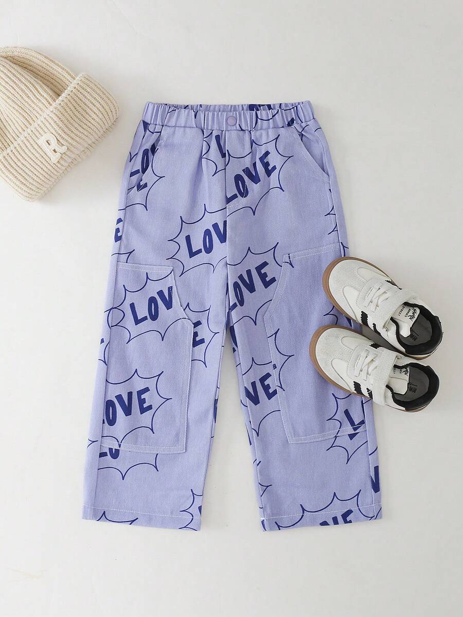 THE HAPPY LOOK Young Girl Casual Letter Print Straight Leg Pants - Purple - View 1