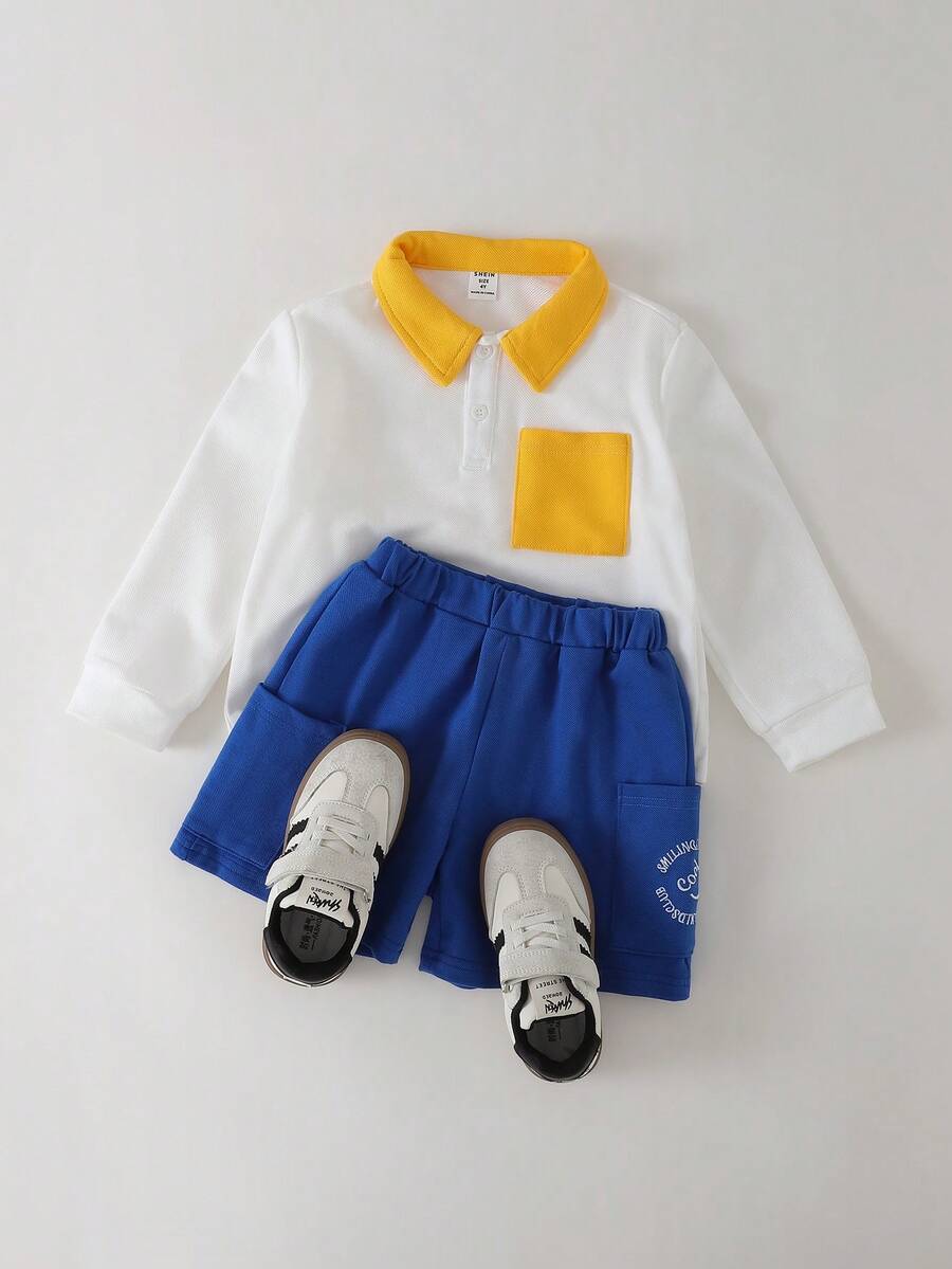 SHEIN Young Boys Yellow Contrast Collar White Long Sleeve Polo Shirt And Loose Blue Contrast Pocket White Pants Sets - Beige - View 1