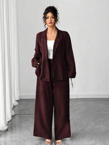 Elenzga Bộ đồ hai mảnh kiểu Pháp thanh lịch dành cho nữ cỡ lớn, thích hợp cho công sở, đi làm hoặc đi nghỉ mát, cổ áo kiểu phương Tây, thắt nơ chéo, hai túi bên hông, quần ống rộng thẳng, thích hợp cho mùa xuân/thu/đông. Bộ đồ hai mảnh gồm áo và quần, bộ quần ống rộng, bộ đồ cỡ lớn dành cho nữ. - Màu Tím - Xem 7