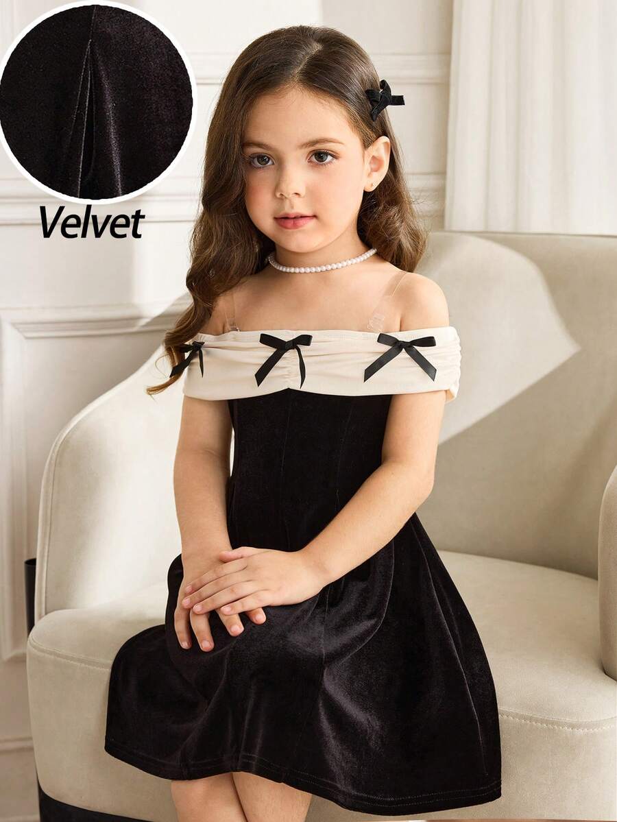 SHEIN Young Girl Elegant Off-Shoulder Color Block Bow Decor Velvet Waist Ruffle Hem Dress,Black&Apricot,Suitable For Halloween,Christmas,Autumn,Party Dress - Black - View 1