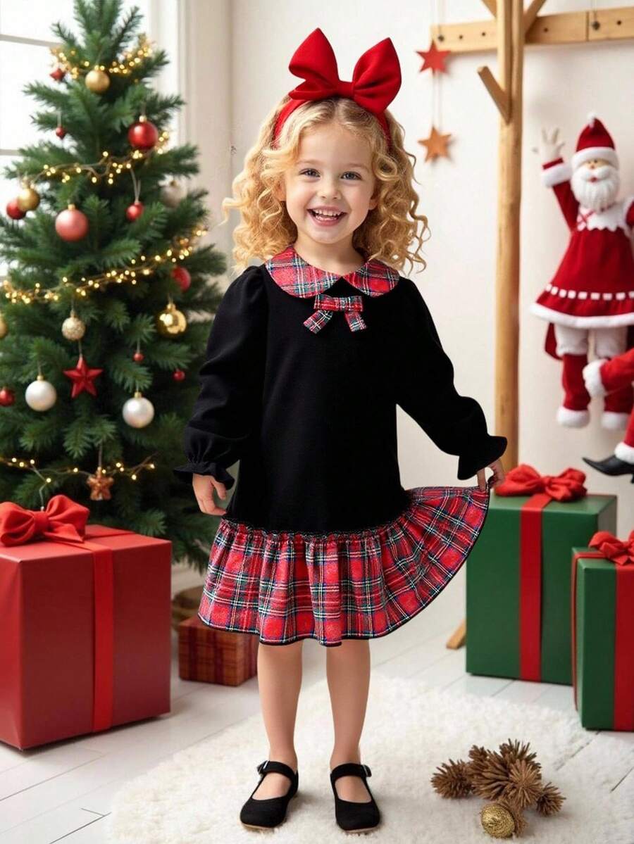 SHEIN Playful Pals Vestido casual de princesa de manga larga con bloqueo de color a cuadros y decoración de lazo 3D para niñas, vestido informal para primavera/otoño - Negro - Ver 1