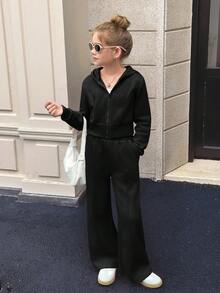 Serisse Kids 青少年女孩休闲时尚复古学院风针织短款连帽拉链运动衫夹克带口袋和宽松阔腿裤套装，粉色，适合周末休闲出游、返校 - 黑色 - 查看 2