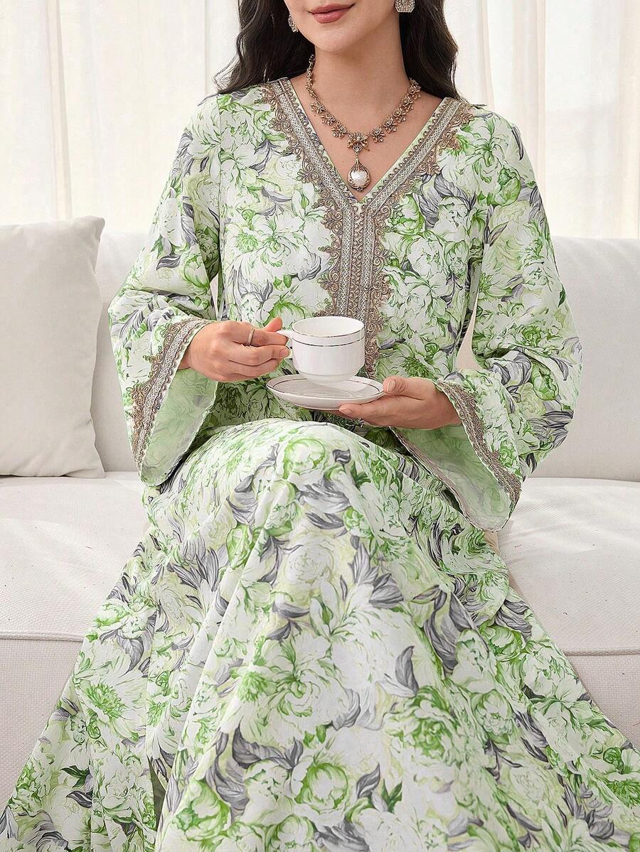 Al Najma 女士花卉印花钩编拼接长袖连衣裙,优雅端庄的A字型卡夫坦长袍,适合晚宴/婚礼宾客/周年纪念/日常穿着 - 彩色 - 查看 1