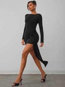 Hauture Vestido mini ajustado y ceñido de tela transparente y sensual con faja, de estilo casual y discreto - Negro - Ver 3