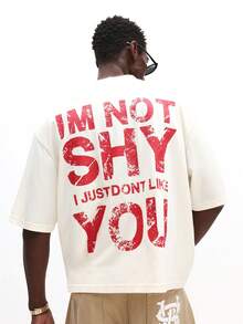 SUMWON 宽松圆领个性 T 恤，背部大胆印花，短袖棉混纺休闲上衣 - 白色 - 查看 1