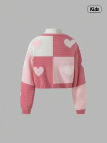 Sweetra Girls Plus Size Pink Heart Pattern Long Sleeve Cardigan - Pink - View 2