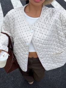 SHEIN EZwear 女士休闲波尔卡圆点印花夹克，秋冬 - 黑與白 - 查看 5