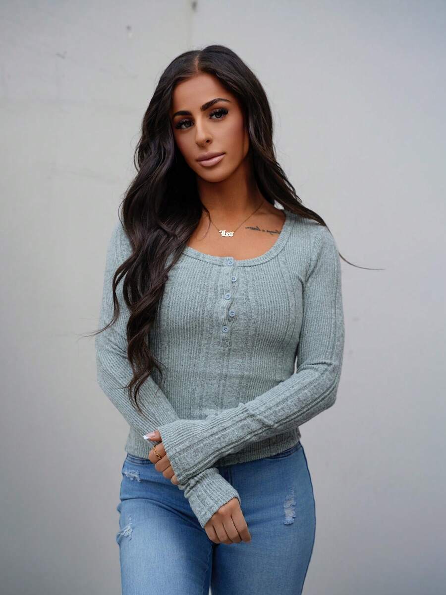 SAYEHFBABY Women's Sage Green Rib Knit Top, Front Center Button, Long Sleeve Tee - Mint Green - View 1