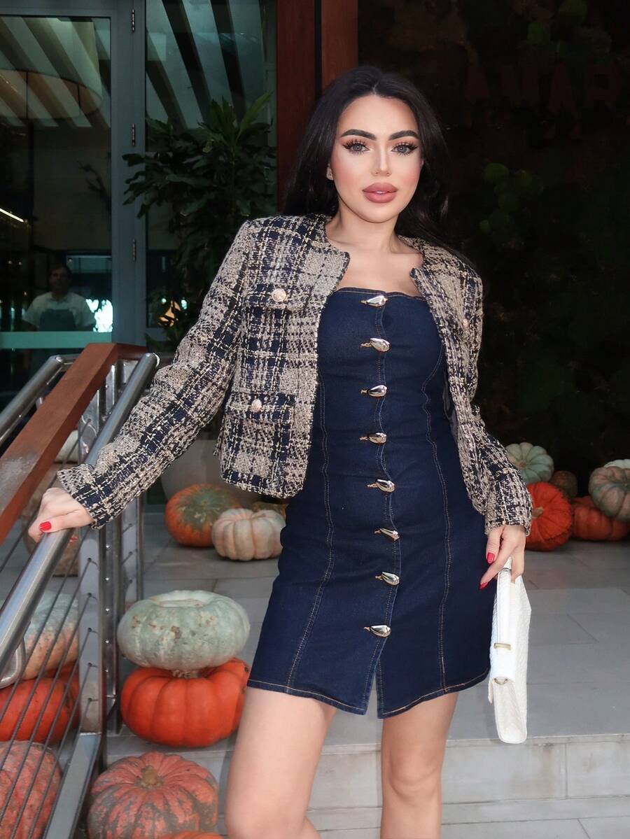 Durrani Popal Plaid Pattern Flap Pocket Open Front Tweed Overcoat In Fall/Winter - Multicolor - View 1