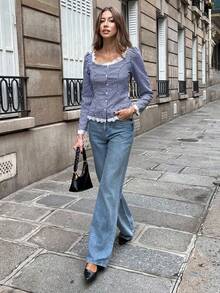 Pariaura INS 秋季法式女式蕾丝拼布格子开襟衬衫 - 藏蓝色 - 查看 4